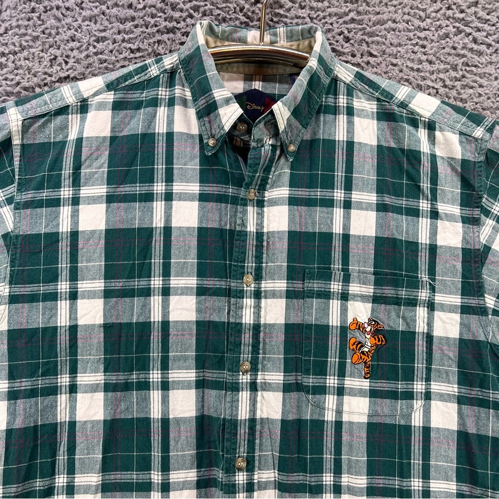 Vtg Disney Store Tigger Flannel Button Down Shirt‎ Large Plaid Green Embroidered